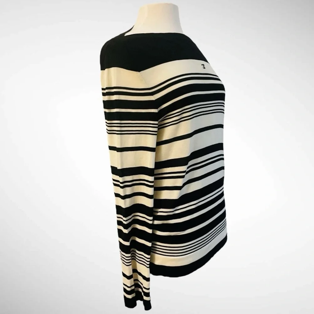 Chanel Classic VTG Black Ivory Stripe COTTON Sweater Size EU 44